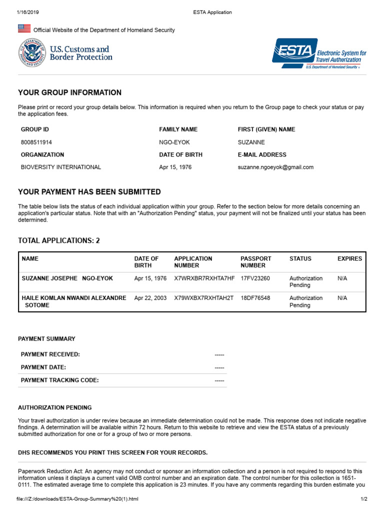 ESTA Application | PDF | United States Department Of Homeland Security