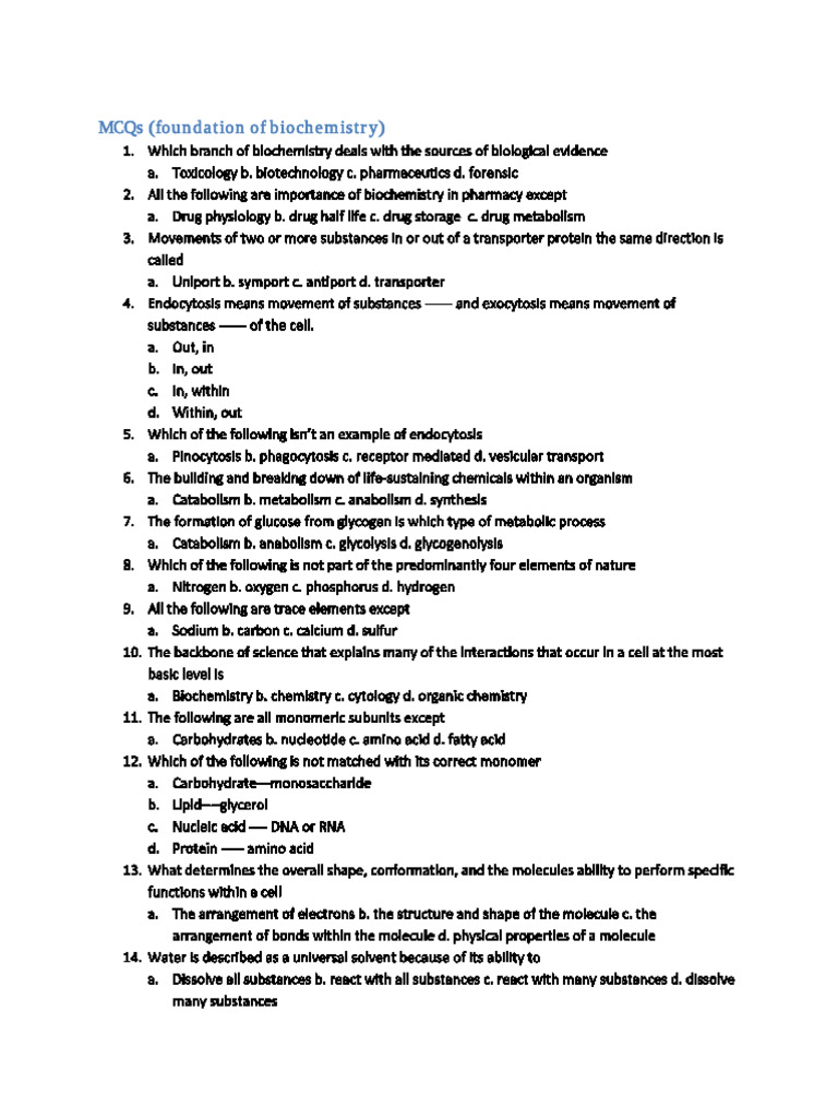 Biochemistry MCQs: Foundations & Metabolism | PDF | Rna | Lipid