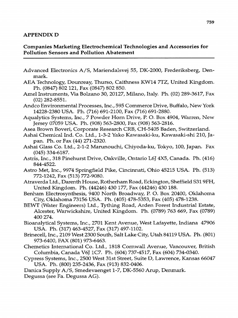 Appendix D Companies Marketing Electrochemical Technolo 1997 ...