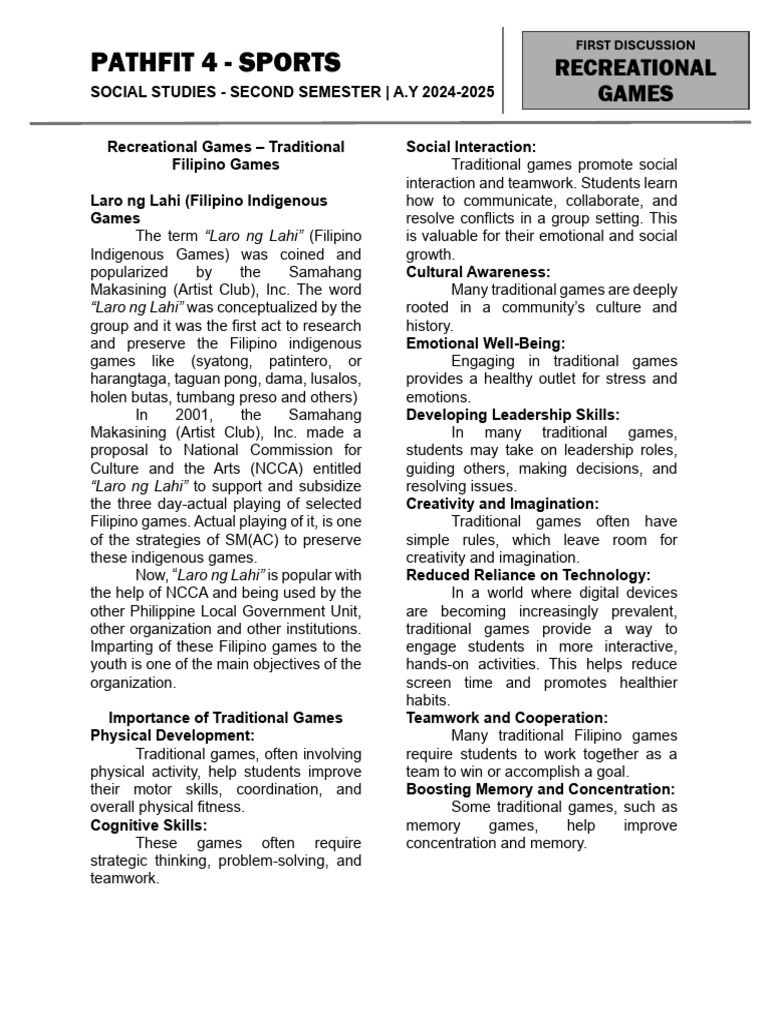 Filipino Traditional Recreational Games | PDF