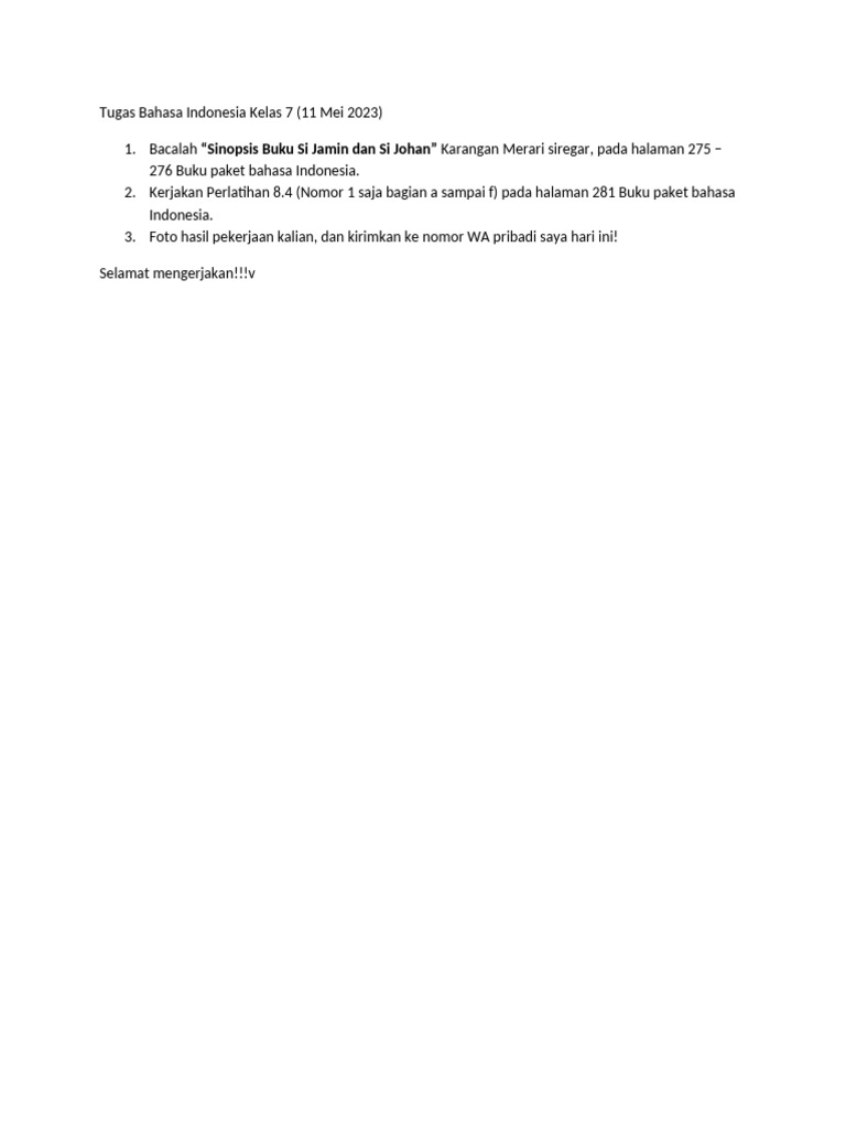 Tugas Bahasa Indonesia Kelas 7 (Daring) - 11 Mei 2023 | PDF