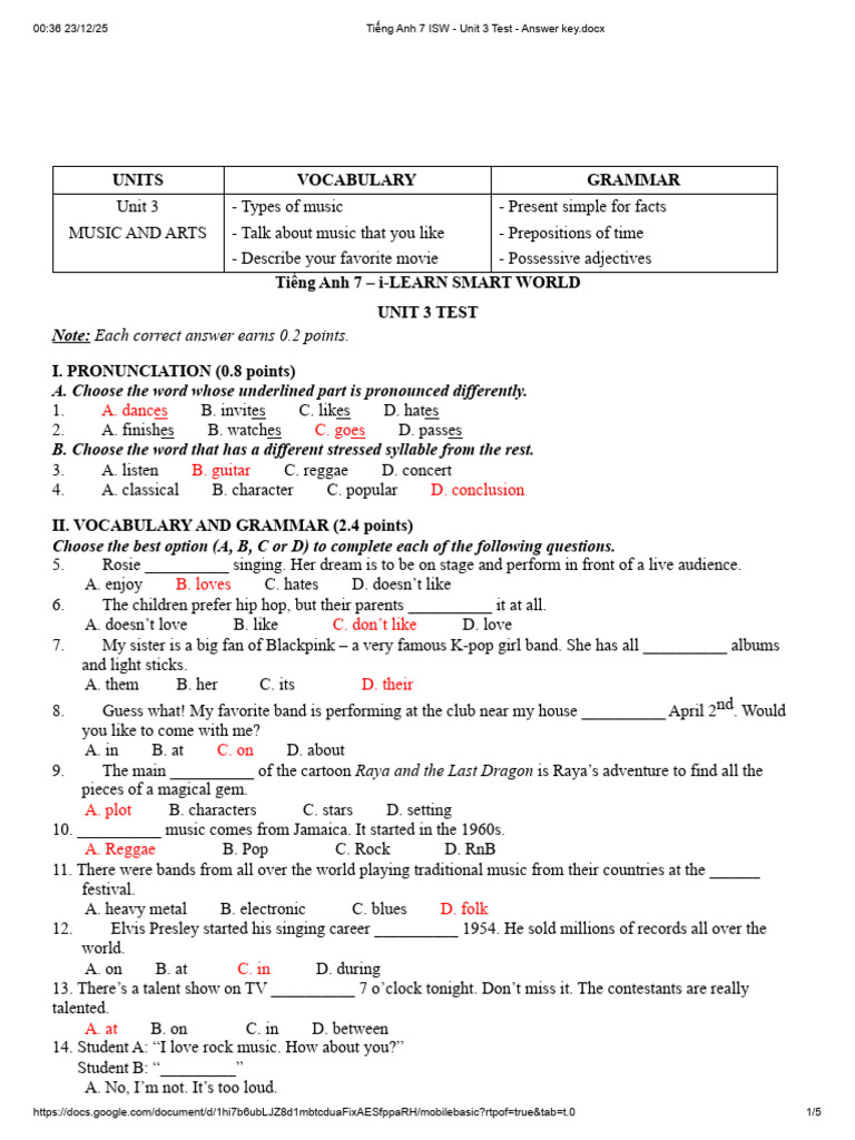 Unit 3 Music and Arts Test Guide | PDF | Entertainment | Performing Arts