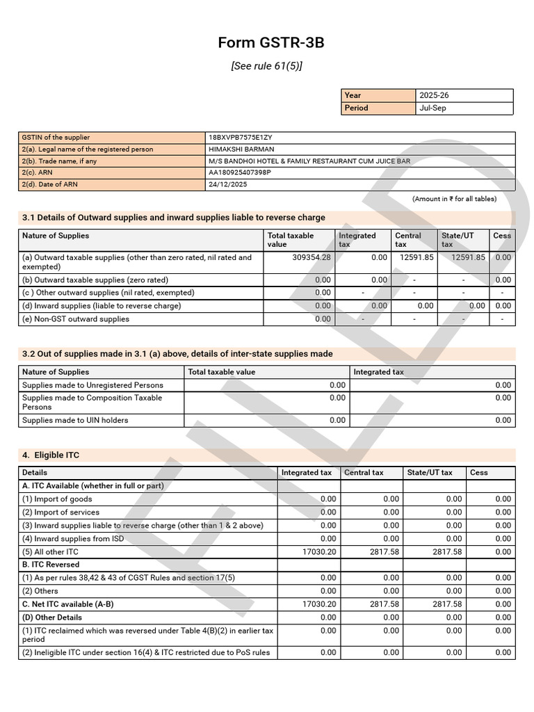 GSTR-3B Filing for Bandhoi Hotel 2025 | PDF | Economies | Taxes