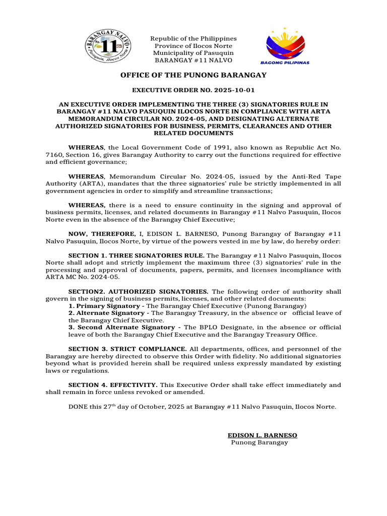 Three Signatories Rule in Barangay #11 | PDF | Legal Documents | Government