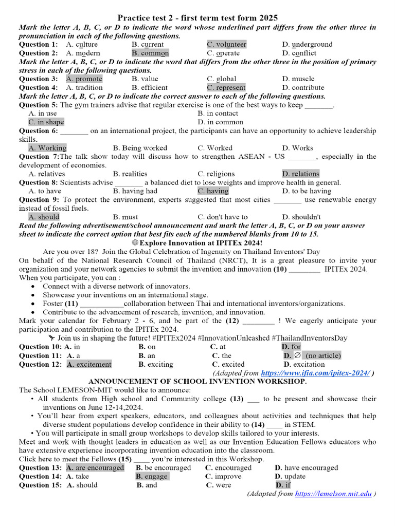Practice Test 2 - First Term Test Form 2025. | PDF