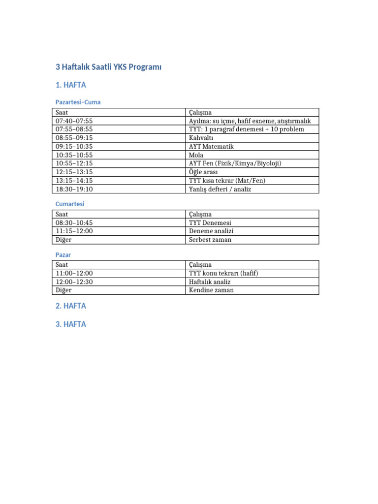 3 Haftalik Saatli Program Tablo | PDF