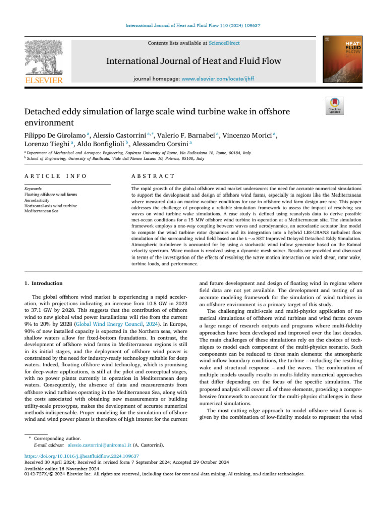 Detached Eddy Simulation of Large Scale Wind Turbine Wake in Offshore ...