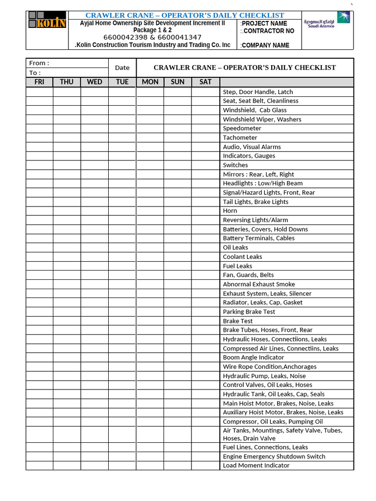 FC 4.1.31 - Crawler Crane Checklist Form | PDF | Leak | Crane (Machine)
