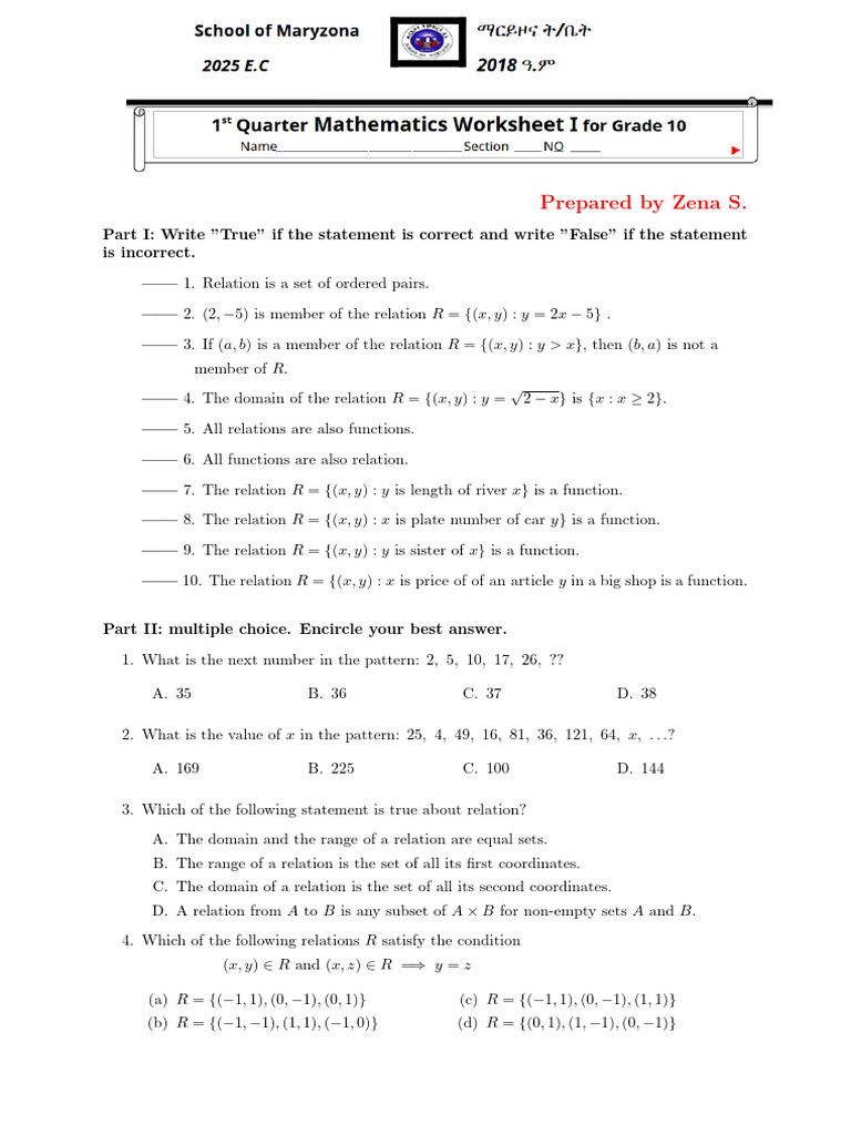 True/False and MCQ on Relations and Functions | PDF | Empty Set ...