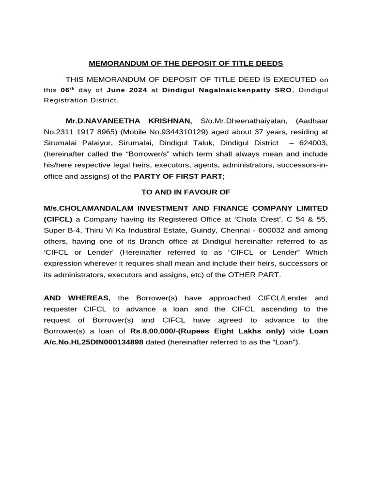 Memorandum of The Deposit of Title Deeds | PDF | Mortgage Law | Loans