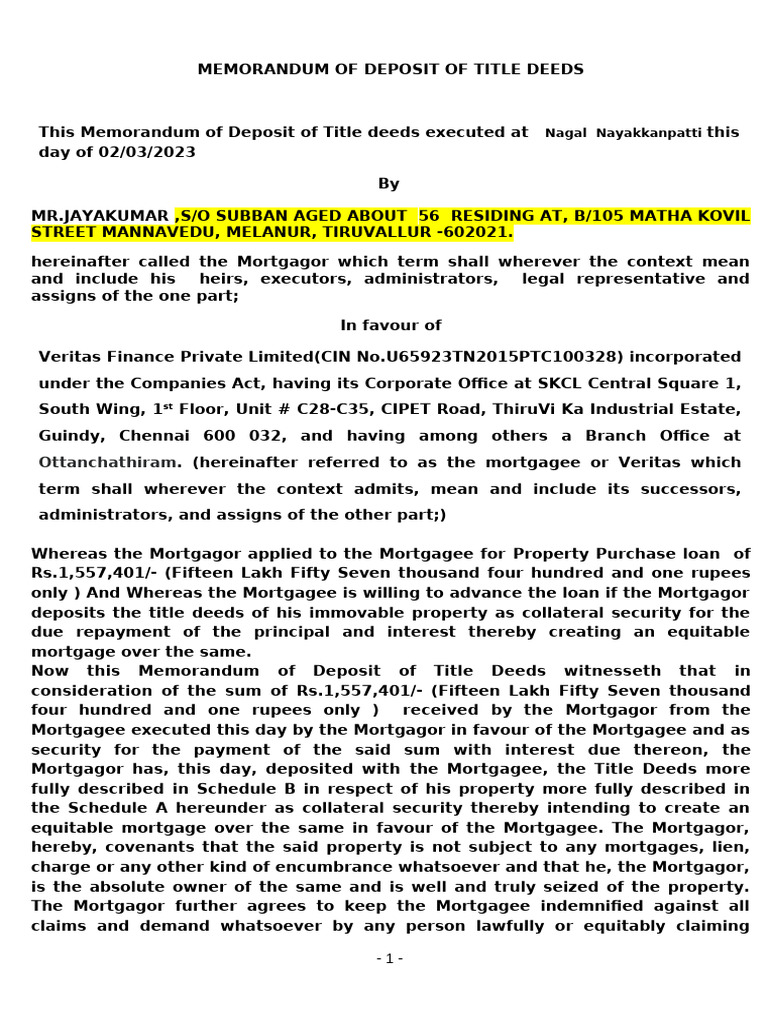 JAYASURYA MEMORANDUM OF DEPOSIT OF TITLE DEED | PDF