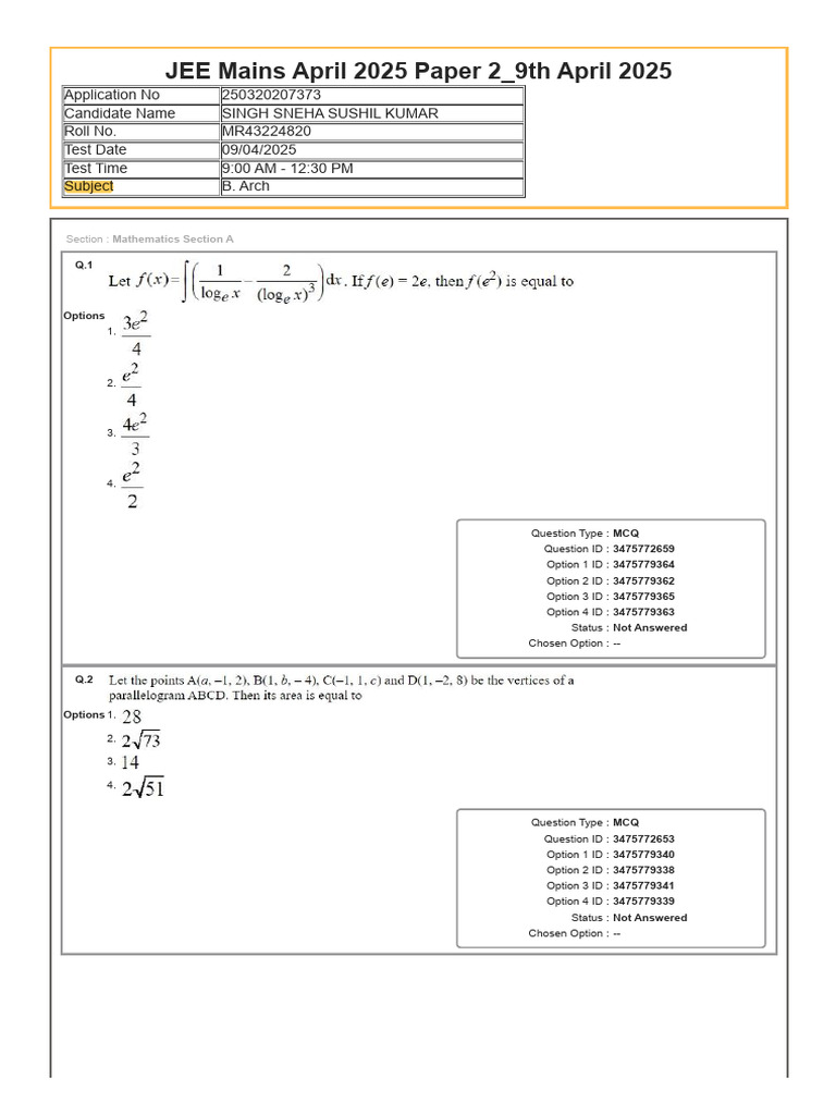 JEE Mains April 2025 B.Arch Exam Details | PDF