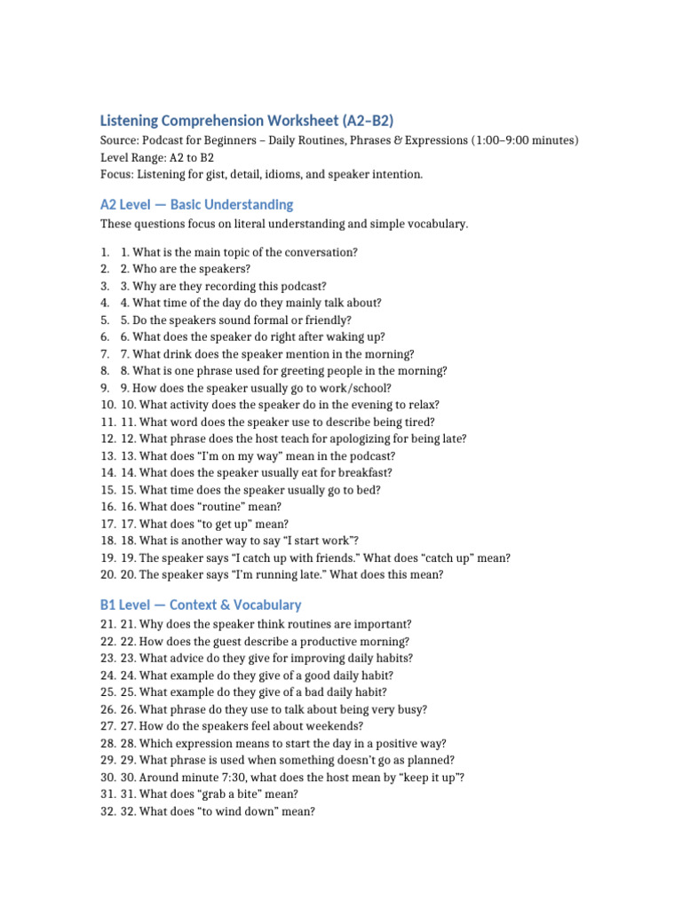 A2-B2 Listening Comprehension Worksheet | PDF | Syntax | Human ...