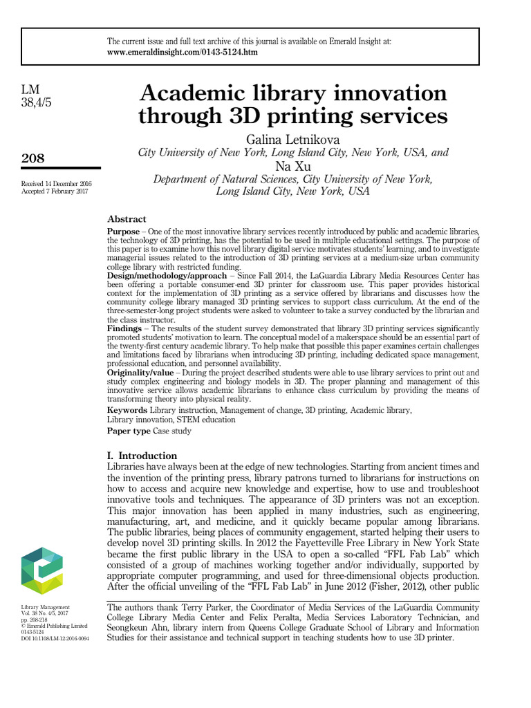 3D Printing Innovations in Academic Libraries | PDF | Libraries | Librarian