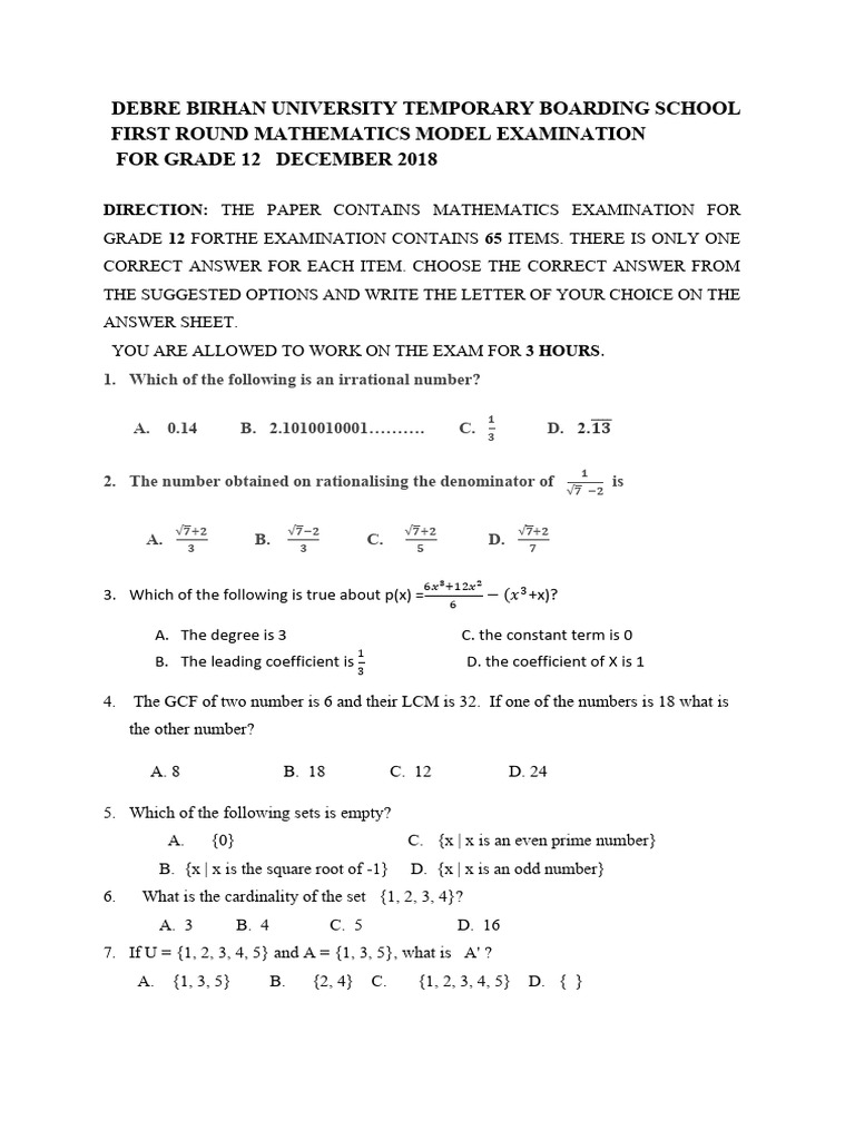 Grade 12 Math Model Exam December 2018 | PDF | Prime Number | Numbers