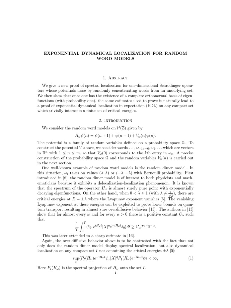 EDL - Random Word Modelsone-Dimensional SCHR Odinger Operators | PDF ...