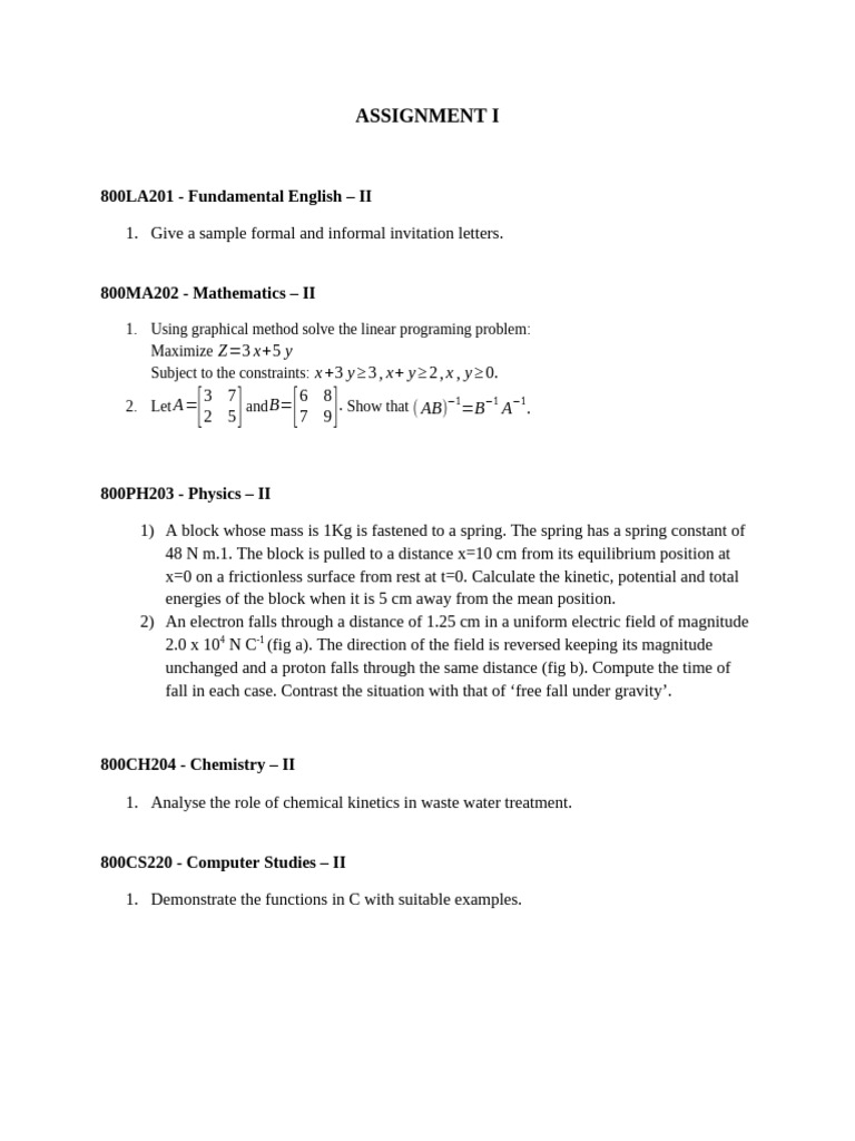Academic Assignment Overview: English, Math, Physics, Chemistry ...