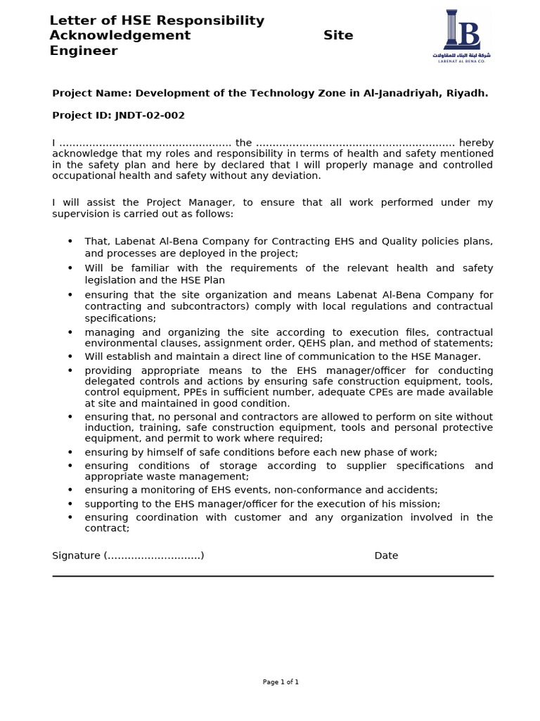 Hse Responsibility Acknowledgment - Site Engineer | PDF