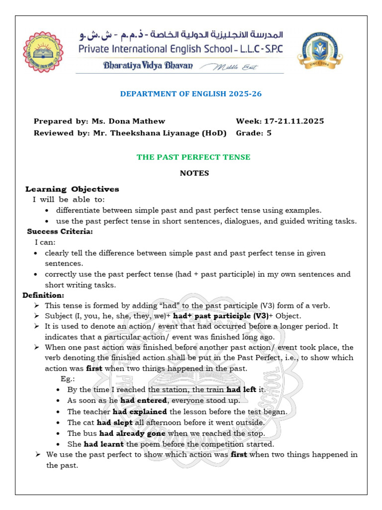 Past Perfect Tense- Notes | PDF