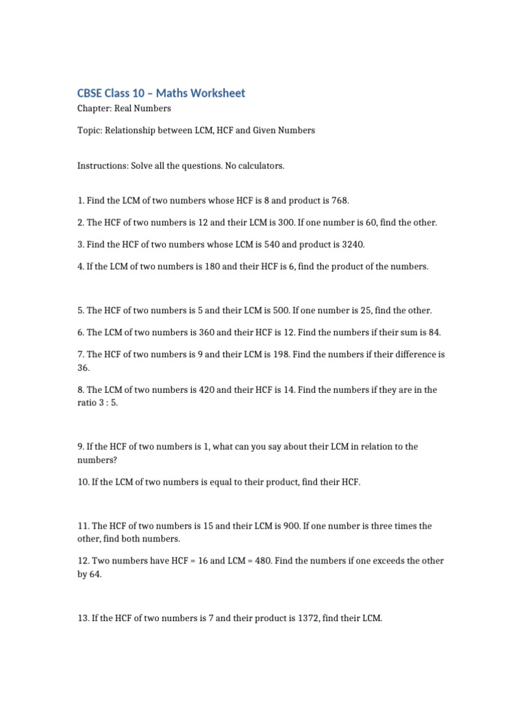 CBSE Class 10 Maths: LCM & HCF Worksheet | PDF