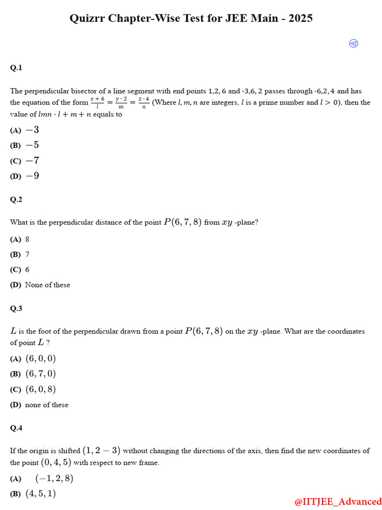 Three Dimensional Geometry - Test 3 | PDF | Line (Geometry) | Analytic ...