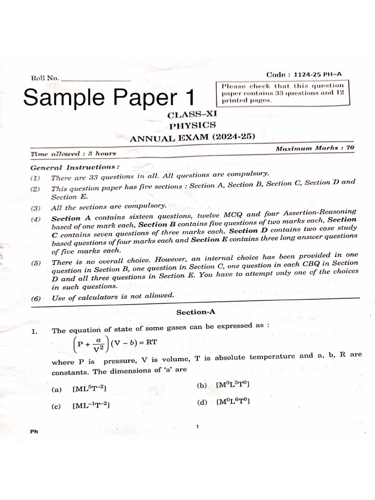 Xi Physics Sample Paper 1 (2025-26) | PDF
