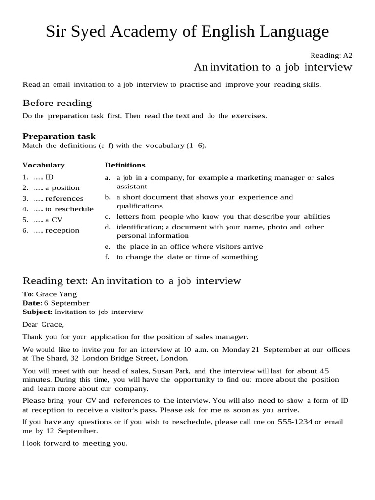 Job Interview Invitation Reading Exercise | PDF