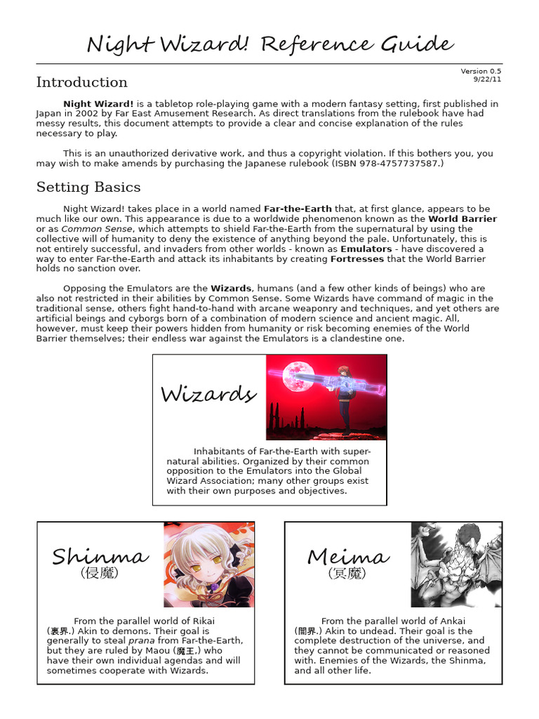 Night Wizard! RPG Rulebook Summary | PDF