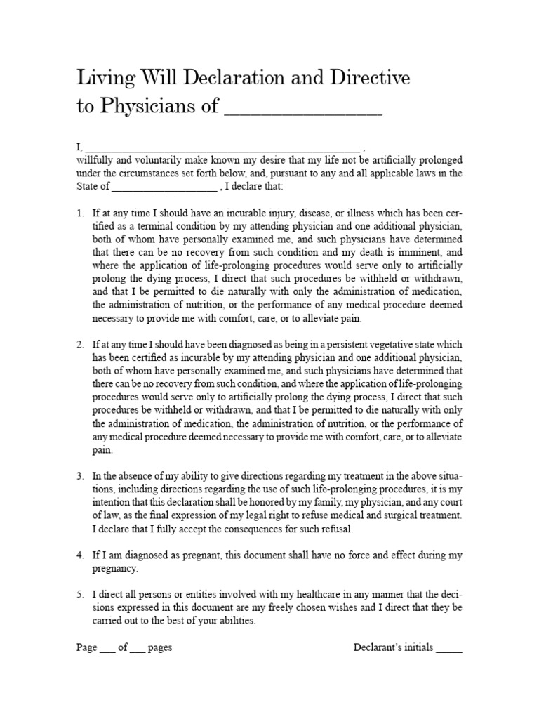 Living Will Declaration Template | PDF | Affidavit | Health Care