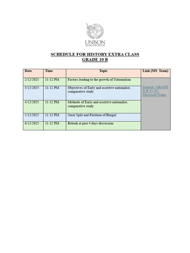 Grade 10 History Extra Class Schedule | PDF