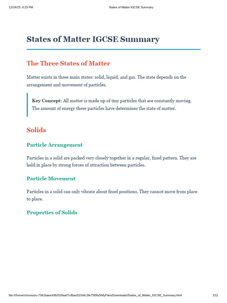 IGCSE Summary of States of Matter | PDF | Gases | Liquids