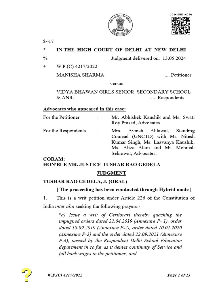 Delhi High Court Ruling on Teacher's Wages | PDF | Employment | Justice