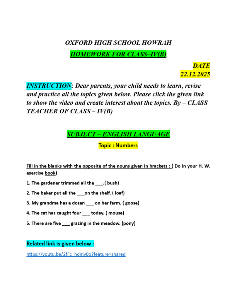 HW of Class 4B For 22.12.2025 (Monday) | PDF