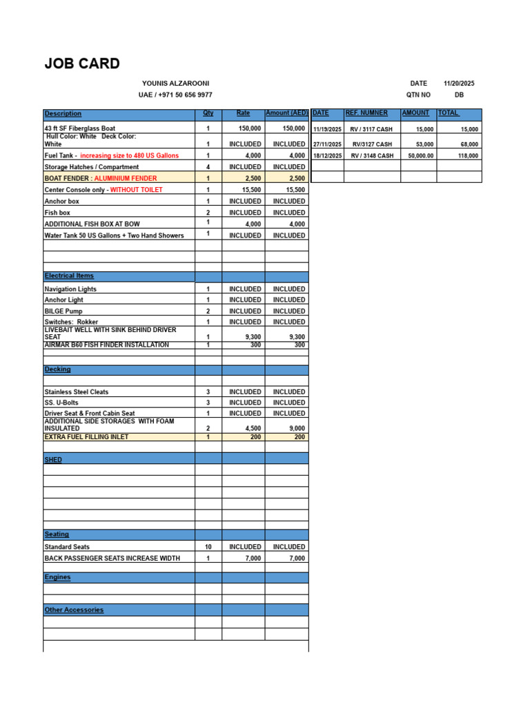 Job Card Younis Alzarooni 43'Sf.xlsx - Sheet1 (8) | PDF | Watercraft