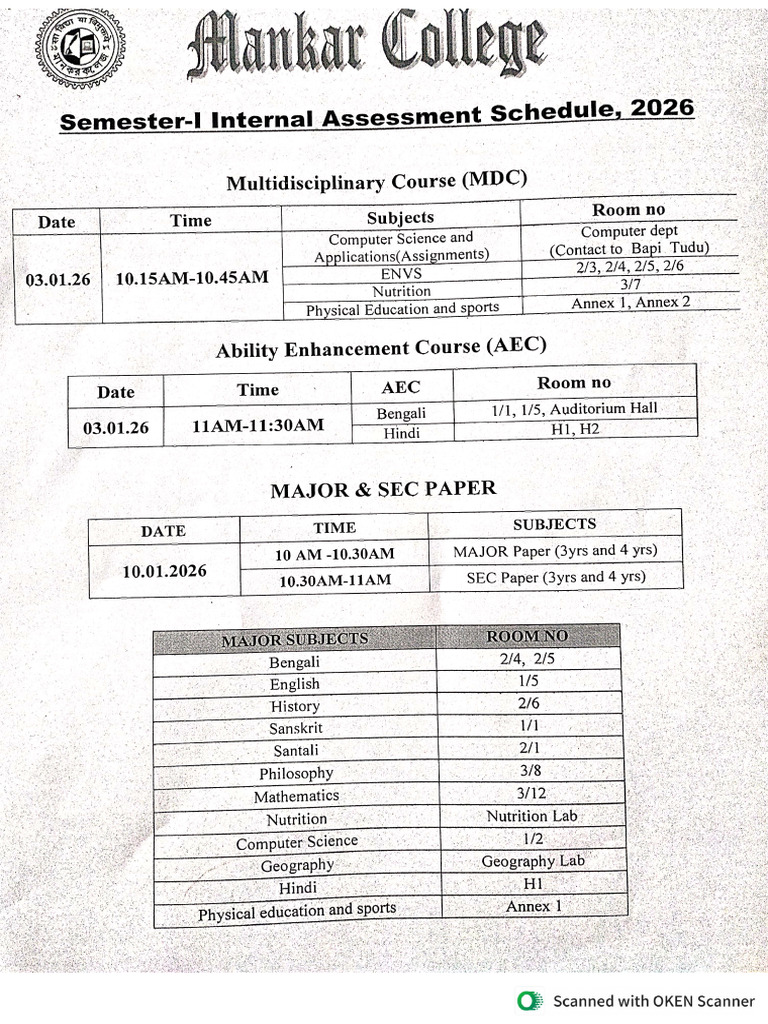 Sem-I Internal Assessment Schedule, 2026 | PDF