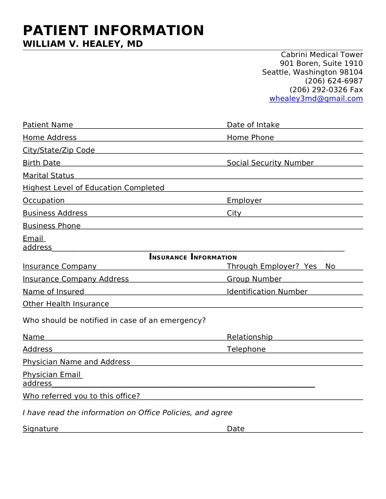 Newpatientinfosheet 2012 | PDF | Physician | Health Care