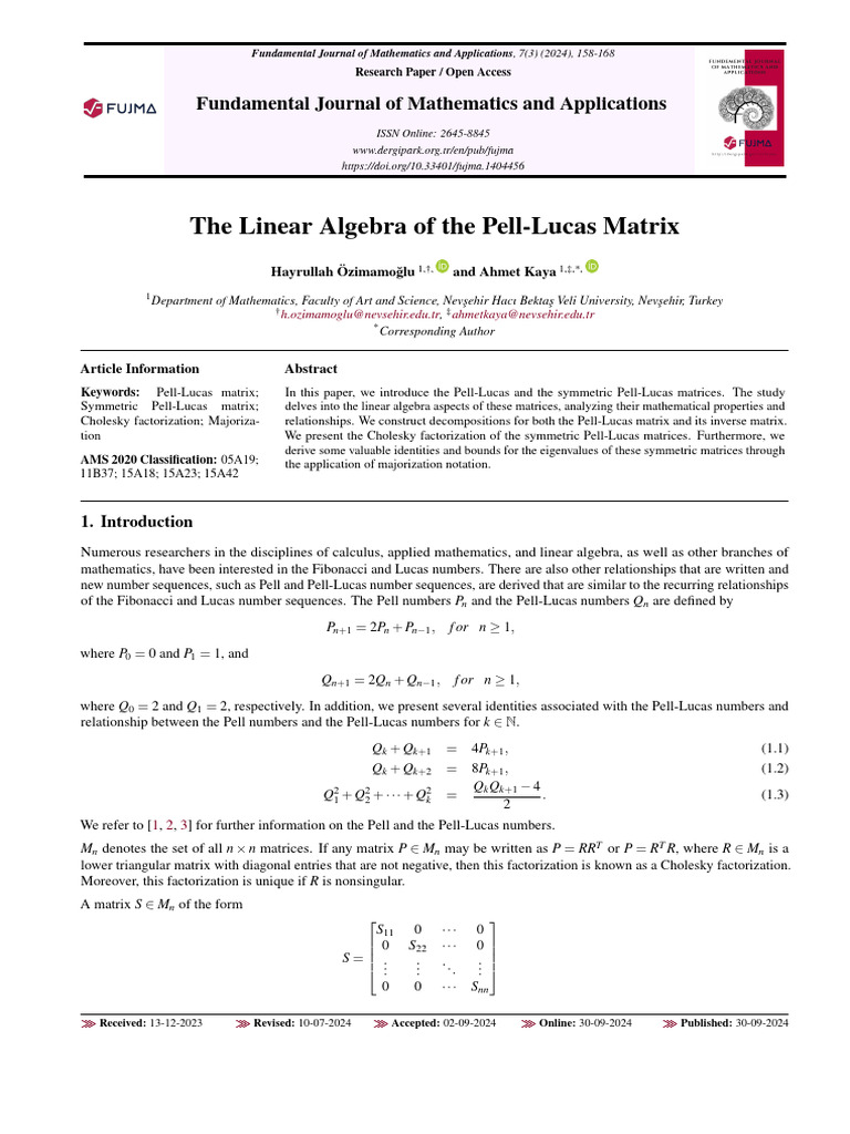 Pell-Lucas Matrix Linear Algebra Study | PDF | Matrix (Mathematics ...