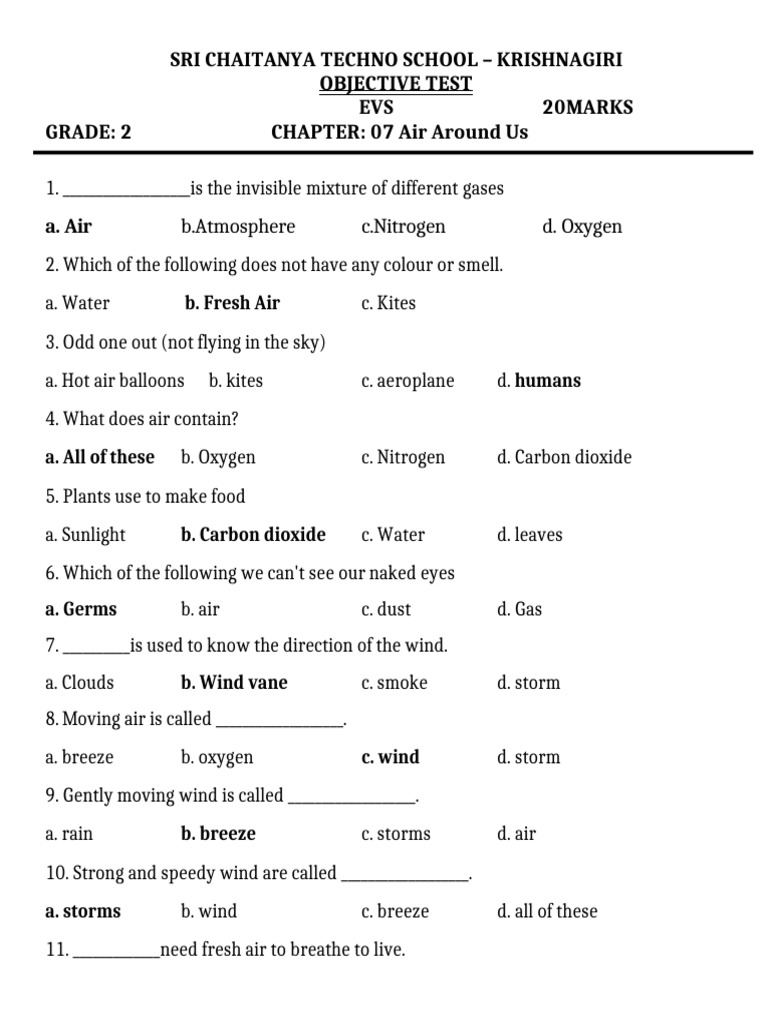 Grade 2 Objective Test: EVS & English | PDF | Water | Atmosphere Of Earth