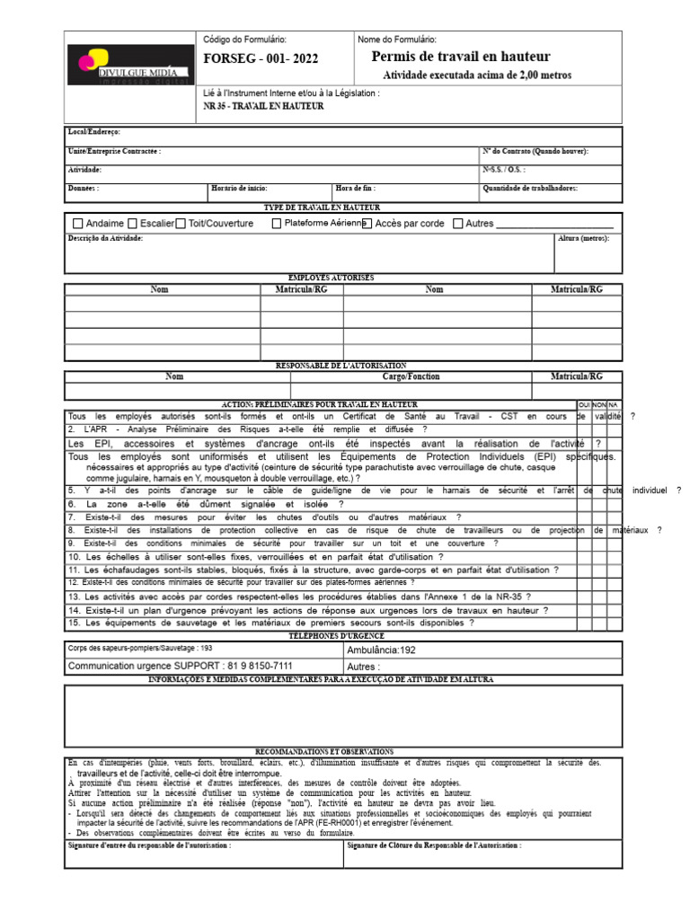 Permis de travail en hauteur NR 35 | PDF | Sécurité