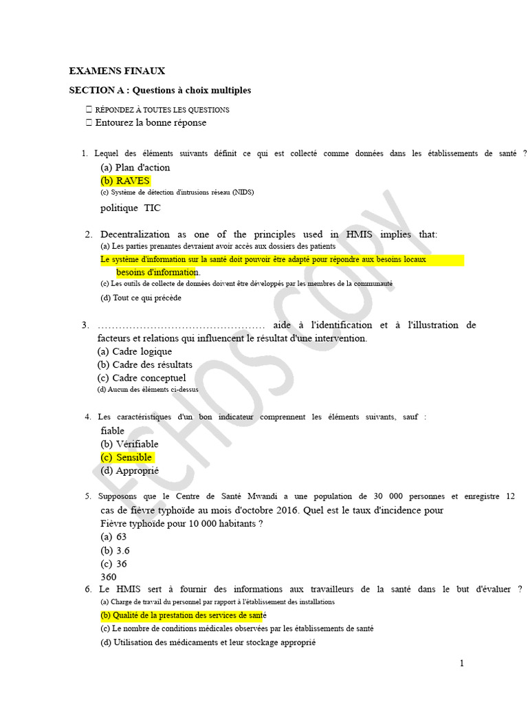Questions d'examen sur le HMIS et la santé | PDF | Informations | Choix ...