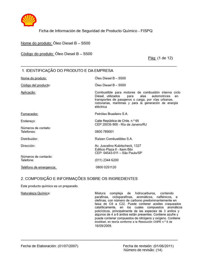 FISPQ Aceite Diésel B S500 Shell R14 06 2011 | PDF | Agua | Combustible ...