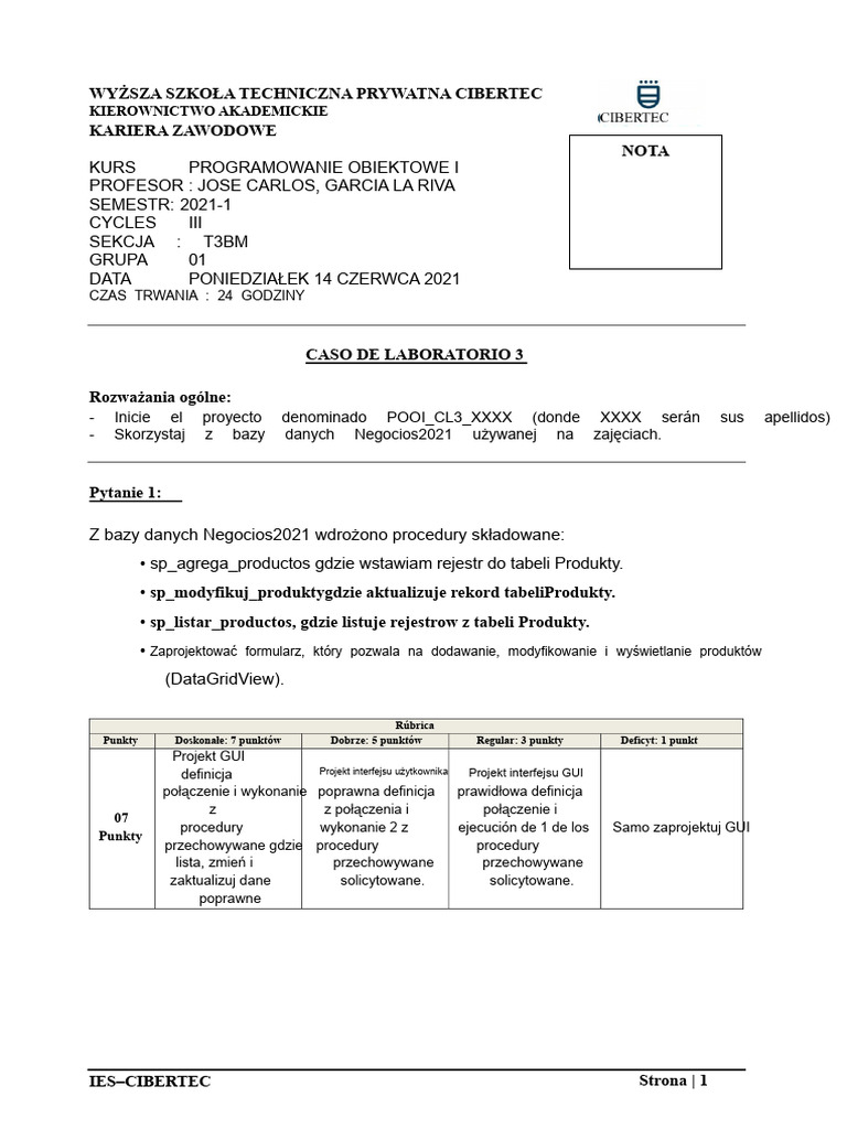 1892 Programowanie Obiektowe I T3BM 01 CL3 | PDF