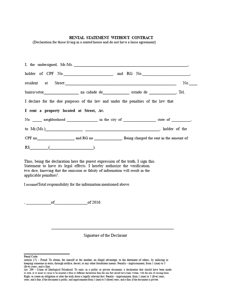 Rental Declaration Without Contract | PDF