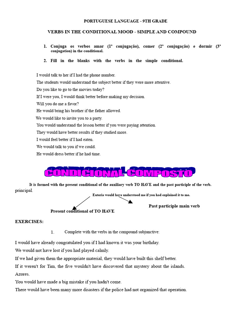 Conditional Verbs Exercises for 9th Grade | PDF | Verb | Grammatical ...