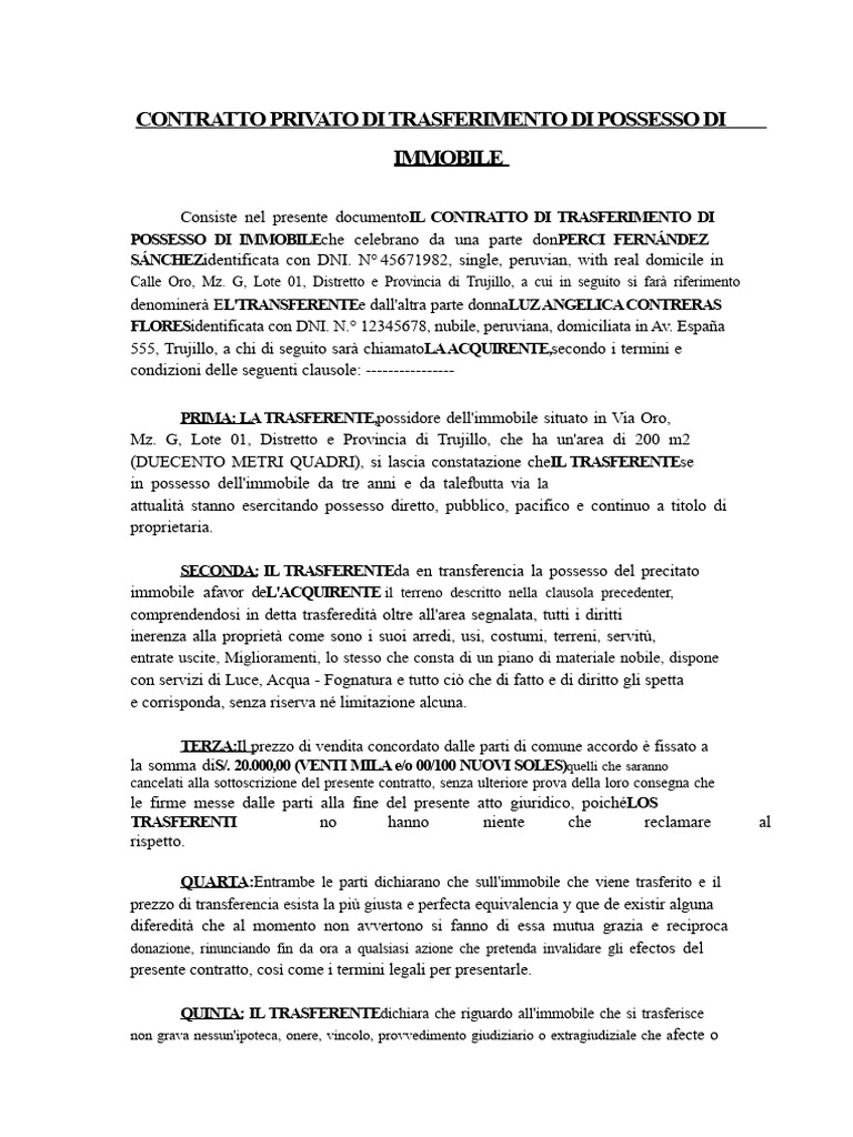 CONTRATTO DI TRASFERIMENTO DI POSSESSO e MINUTA DI COMPRAVENDITA | PDF