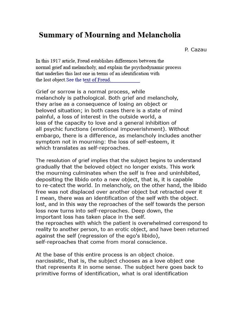 Summary of Mourning and Melancholia | PDF | Grief | Psychoanalysis