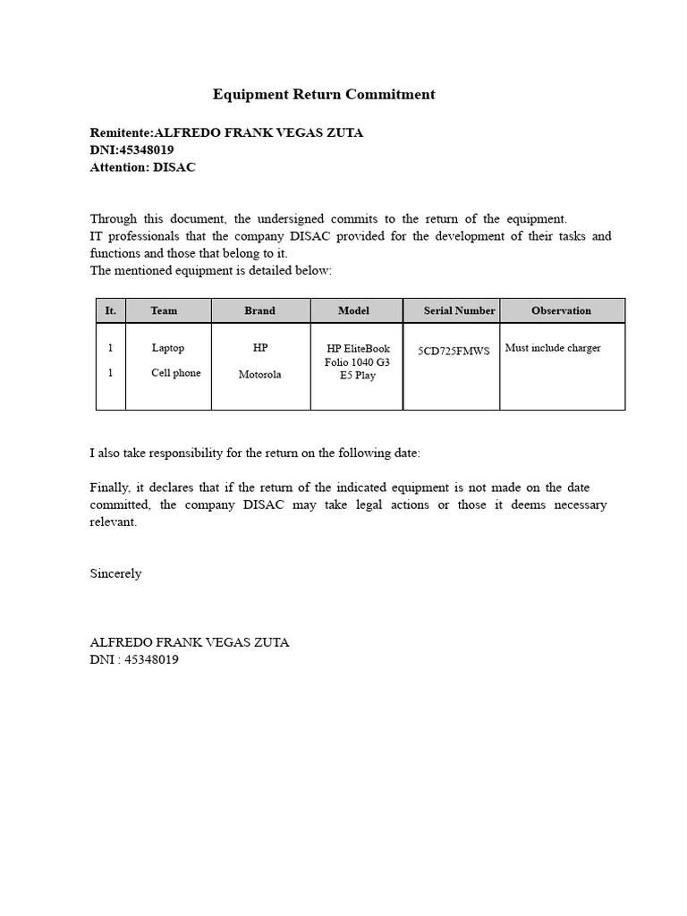 Equipment Return Commitment.docx | PDF