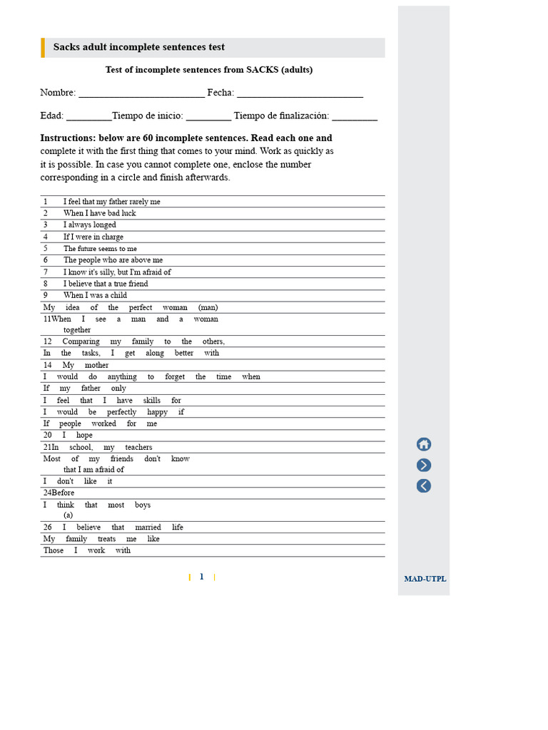 Sacks Adult Incomplete Sentences Test | PDF | Human Development | Cognition