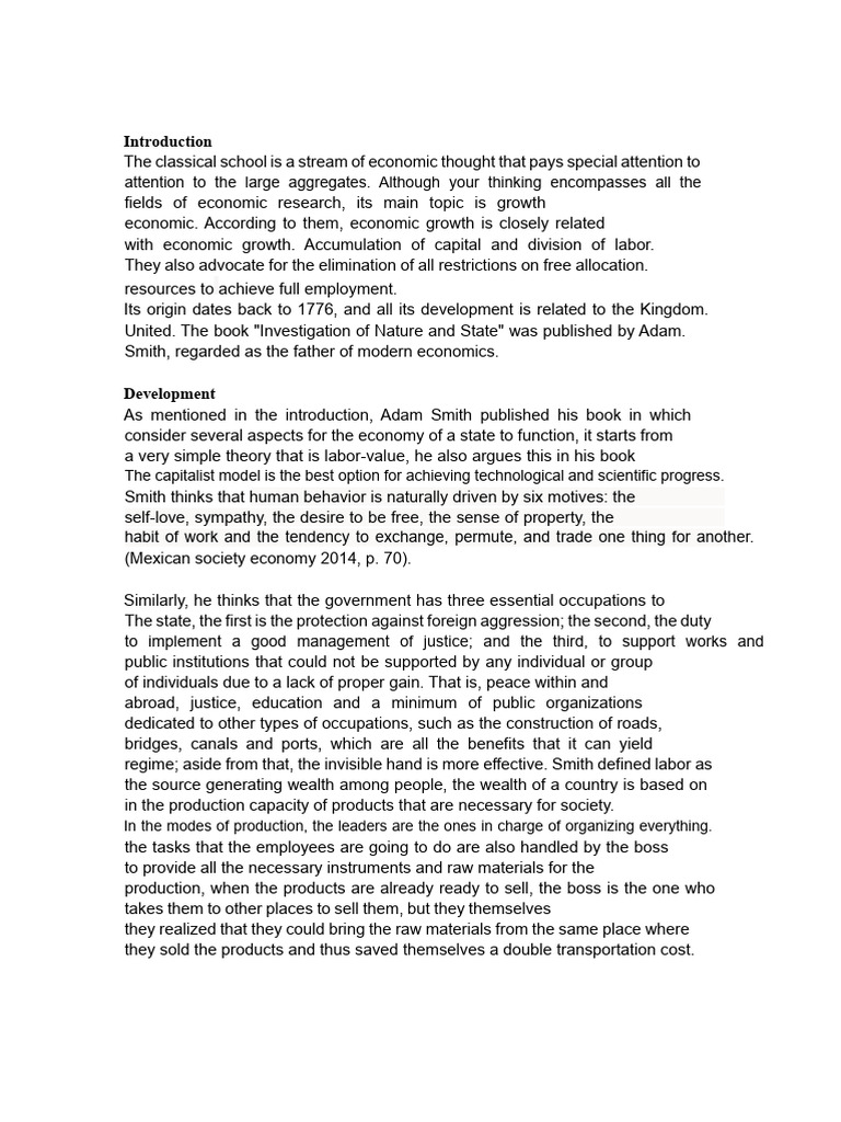 Classical School Essay | PDF | Classical Economics | Economics