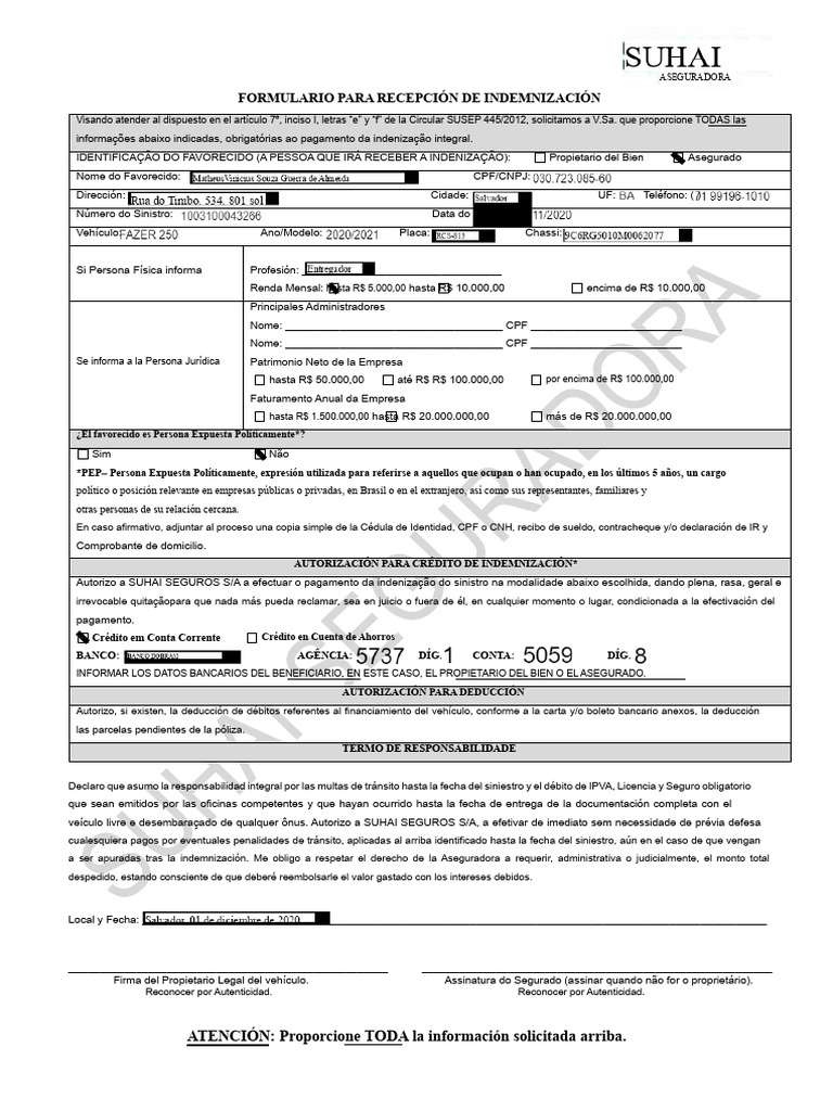 Formulario para Recibir Indemnización | PDF | Seguro | Póliza de seguros